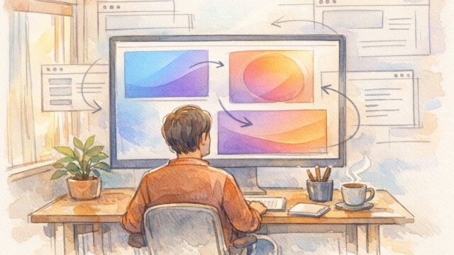 WordPress グラデーション CSSの基本を学ぶ、大画面で配色を確認する大人の作業風景