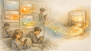 SNS リンク 効果で生まれる導線、スマホを見る人々とサイトへ続く光の流れ