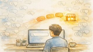 指名検索 増やすことで検索需要が一点に集まる様子を示す、デスクでPC画面を見つめる人物イラスト