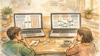 落ち着いた作業机で2カラムと3カラムのWP カラム 分け方を比較検討する様子