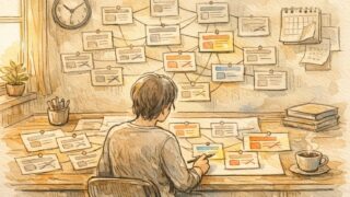 落ち着いた作業机でリンク構造を整理しながらリンク切れ 修正に取り組む様子
