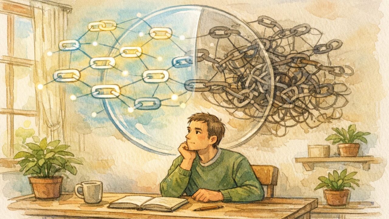 質の悪い被リンク 否認を慎重に見極める人とリンクネットワークのイラスト