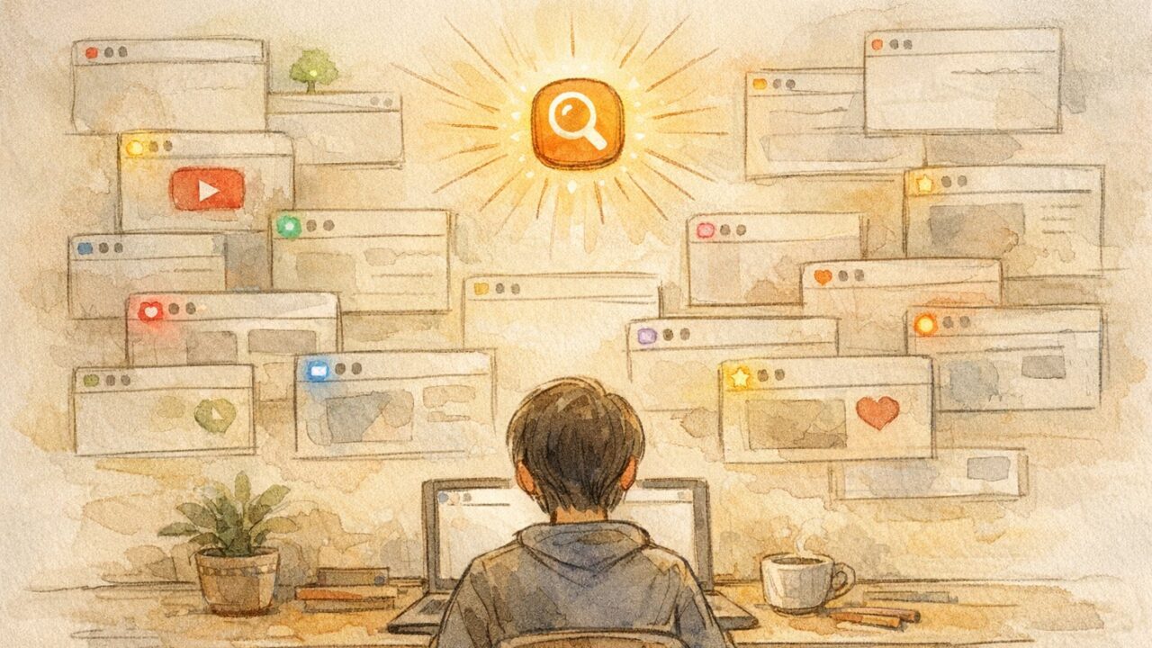 WP ファビコン 設定で生まれる小さな光のような印、混雑したブラウザ上でサイトの輪郭を示すデスク周りの情景