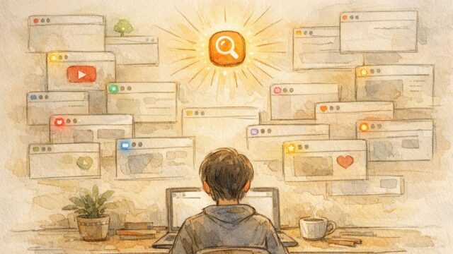 WP ファビコン 設定で生まれる小さな光のような印、混雑したブラウザ上でサイトの輪郭を示すデスク周りの情景