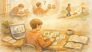 E-E-A-T 対策 具体例として個人の経験を整理し可視化する机上作業のイラスト