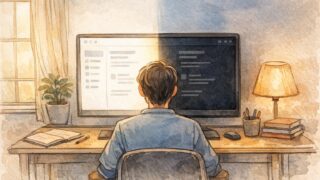WordPress ダークモード 導入を検討する利用者が、明るい画面と暗い画面を比較しながら静かに考える様子