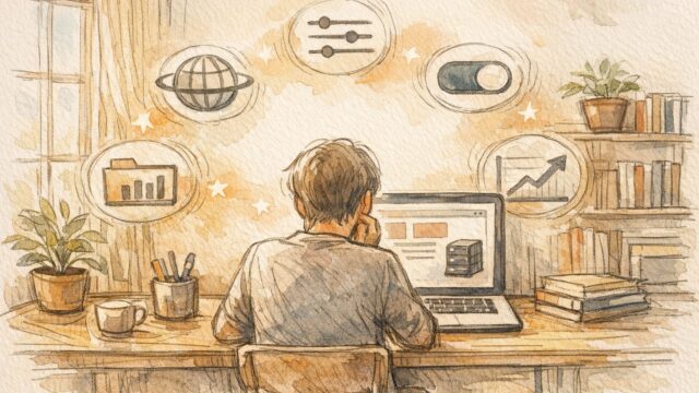 落ち着いた自宅ワークスペースでエックスサーバー WordPress 始め方を考える様子