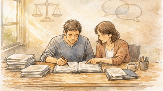 落ち着いた執務スペースで監修者と担当者が原稿を確認する様子, 監修者 入れる メリットを表現