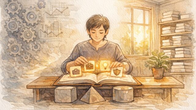 YMYL 対策におけるE-E-A-Tのバランスを机上で整理する人物のイラスト