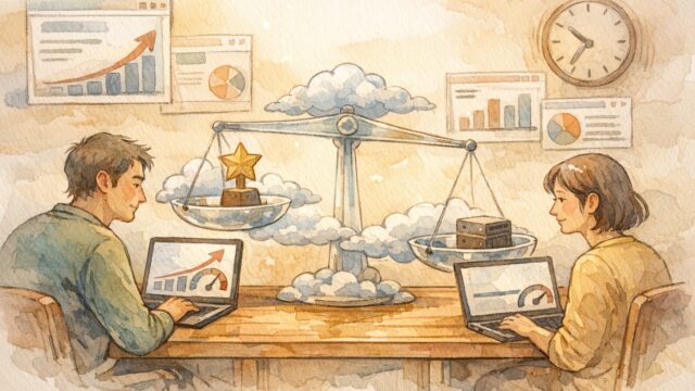 シン・レンタルサーバー 評判 SEOの口コミと実測値のズレを象徴的に描いたワークスペースイラスト
