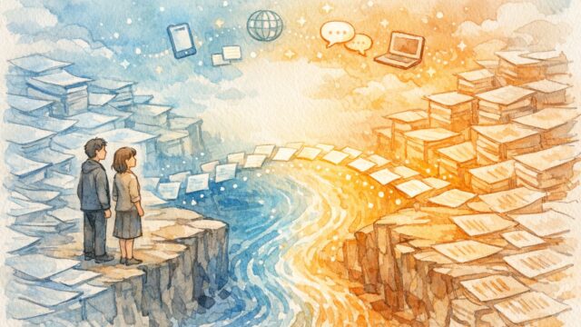 生成AI 英語の壁 克服を象徴する本と光の川のイラスト、情報格差が埋まる様子