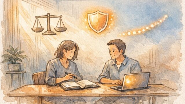 ガイドラインと医療記事 SEOのバランスを相談する大人二人の静かな打ち合わせシーン