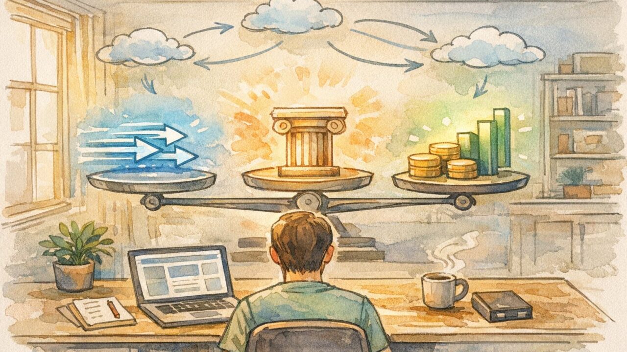 WordPress サーバー 比較 2024を俯瞰し、速度・安定性・コストを静かに吟味する人物のイラスト