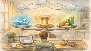 WordPress サーバー 比較 2024を俯瞰し、速度・安定性・コストを静かに吟味する人物のイラスト