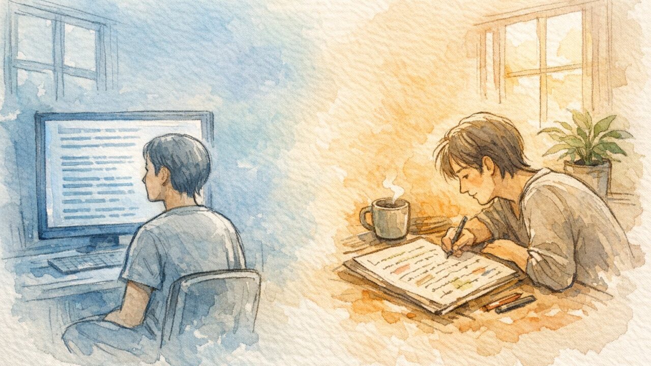 AI 記事 感情がこもっていない印象と人間の文章の温かさを対比した手描きイラスト