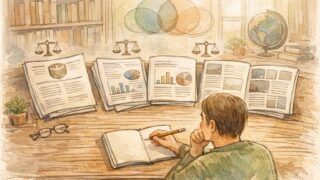 信頼できるソース 引用を検討する大人が机で複数資料を比較し吟味する様子