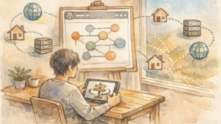 WordPress ネームサーバー 変更をやさしく案内する室内イラスト, ドメインとサーバーの関係を可視化