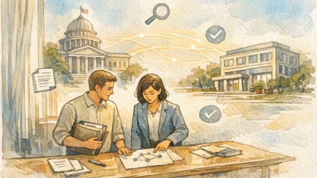 官公庁 リンク 獲得の考え方を示すイラスト、公的機関と民間サイトの信頼的なつながり