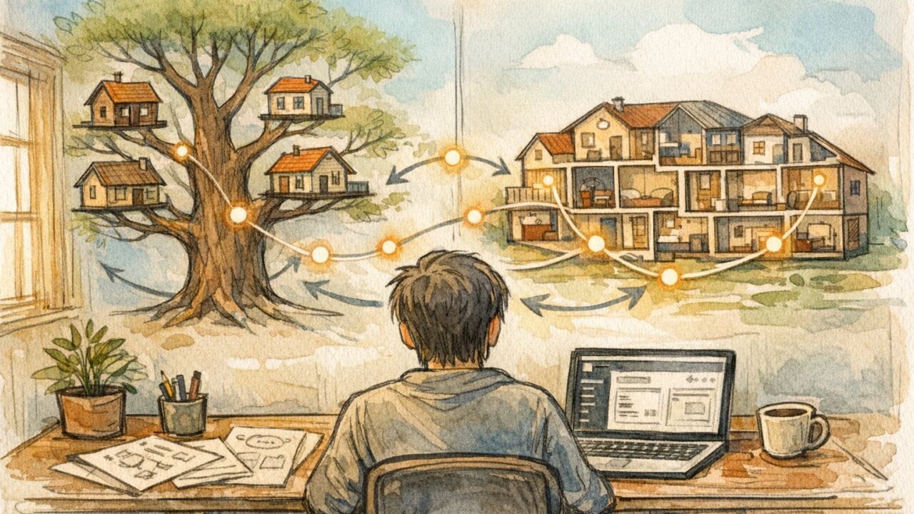 サブドメインとサブディレクトリを比較検討しながらWP サブドメイン 導入 手順を考える作業机のイラスト