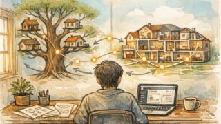 サブドメインとサブディレクトリを比較検討しながらWP サブドメイン 導入 手順を考える作業机のイラスト