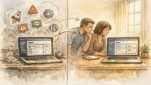 WordPress テストサイト（ステージング） 作り方の概念を示す、混沌と安定した二画面の対比イラスト