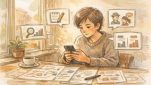 カフェでスマホで長いプロンプトを打つコツを実践しつつ、整理メモを広げて構想する人物