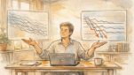 検索アナリストがグラフを比較しながら順位下落 原因のパターンを整理するイラスト