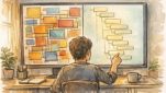 WordPress リストビュー 便利さを象徴する、複雑なレイアウトと整理された構造を比較する作業机のイラスト