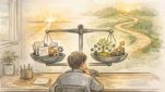 経営者 生成AI 導入の判断基準を短期効率と長期的な価値の天秤で考えるイラスト