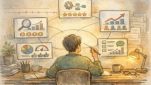静かなデスクでSEO 強い AI ツール ランキングを比較検討する様子を描いたイラスト