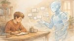 初心者向け AI 執筆 入門 ツールとの協調作業を温かく描いた机上イラスト