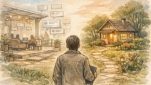 WordPress vs note 使い分けを考える人が、借り物の場と自前メディアを見比べて悩むイラスト