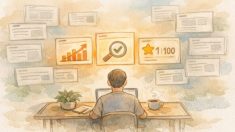 実績 公開 SEOの信頼性を示す、成果が際立つ落ち着いたワークスペースのイラスト