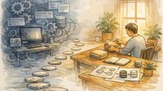 WordPress サイト引っ越し ツールなしで、複雑な自動ツールと手作業による整理手順を対比したイラスト