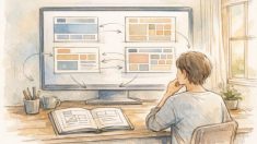 WP スタイルバリエーション 変更を検討する人が、前提条件を整理しつつデザイン案を比較する様子