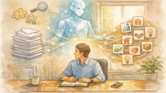 営業職 AI プロンプト 例を考える営業担当者とAIの共同発想イメージ