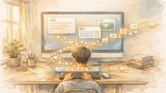 WP コマンドパレット 使い方で作業効率化された落ち着いたデスク環境のイラスト