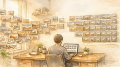 WordPress 画像 代替テキスト 一括管理で整理されていく大量の画像と作業デスク