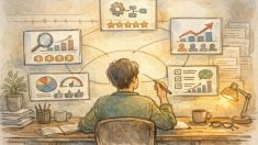 静かなデスクでSEO 強い AI ツール ランキングを比較検討する様子を描いたイラスト