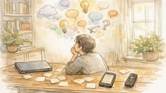 ブログ ネタ切れ 対策として、机で思考しメモや録音でアイデアを記録する様子