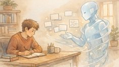 初心者向け AI 執筆 入門 ツールとの協調作業を温かく描いた机上イラスト