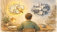 SEO 独学 勉強法の情報源を比較検討する学習者と信頼性の違いを示すイラスト