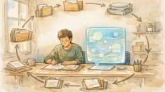 プロ仕様 AI ライティング ツール 特徴を象徴する、人とAIが協働する落ち着いたワークスペースイラスト