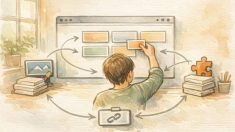 WP リンク カード形式（ブログカード）の仕組みを整理する作業机と穏やかな決断の様子
