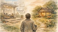 WordPress vs note 使い分けを考える人が、借り物の場と自前メディアを見比べて悩むイラスト