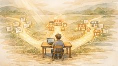 WP vs Wix vs Shopify 違いに迷う人が三つの分かれ道を前に選択を考える場面