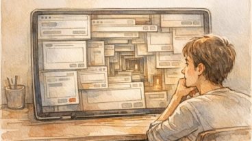 AI ツール 解約方法 わかりにくい複雑な画面設計と迷路状メニューを見つめる利用者