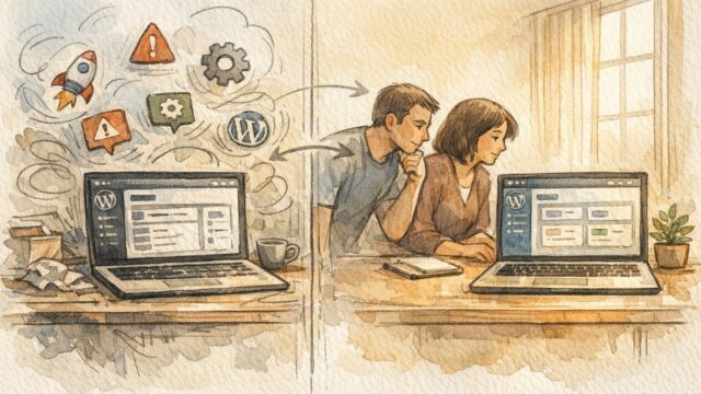 WordPress テストサイト（ステージング） 作り方の概念を示す、混沌と安定した二画面の対比イラスト