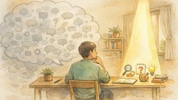 一般論に埋もれた回答と焦点の合った回答を対比しAI の回答が一般論すぎる 対策を象徴的に示すイラスト