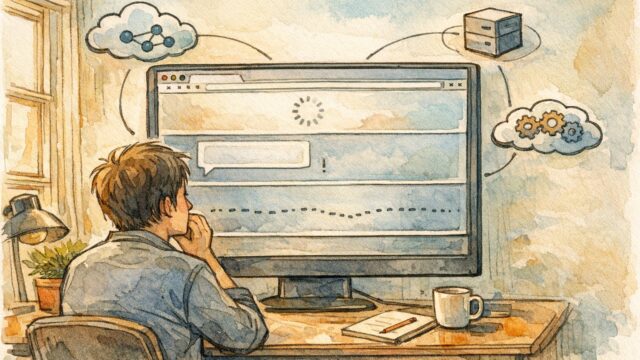 AI ツール 読み込みが遅い 原因を3段階に分解し静かに分析するワークスペースイラスト